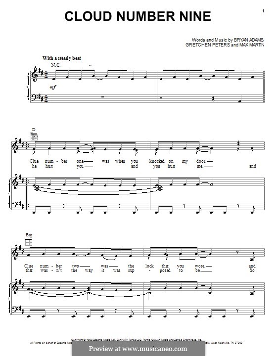 Cloud Number Nine: Para vocais e piano (ou Guitarra) by Bryan Adams, Gretchen Peters, Max Martin