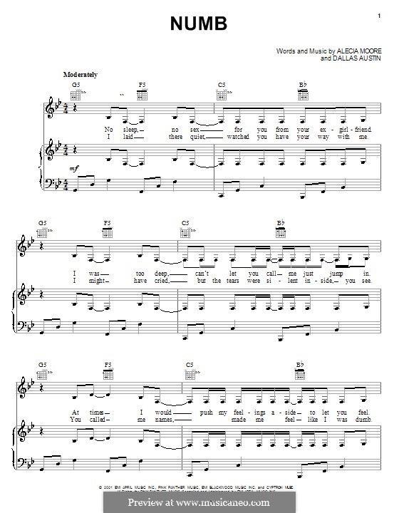 Numb (Pink): Para vocais e piano (ou Guitarra) by Alecia Moore, Dallas Austin