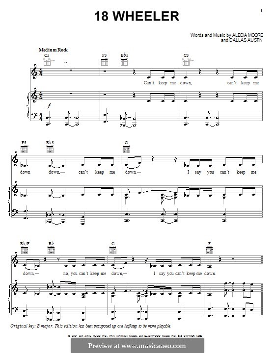18 Wheeler (Pink): Para vocais e piano (ou Guitarra) by Alecia Moore, Dallas Austin