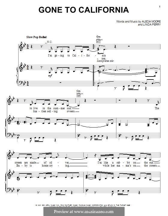 Gone to California (Pink): Para vocais e piano (ou Guitarra) by Alecia Moore, Linda Perry