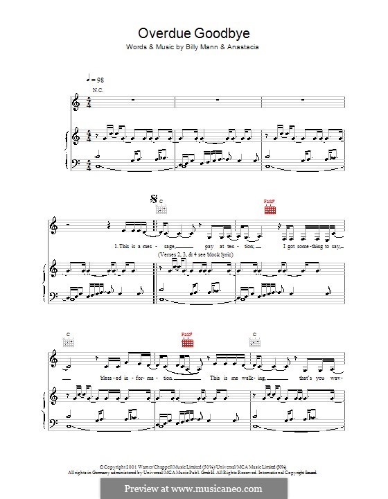 Overdue Goodbye (Anastacia): Para vocais e piano (ou Guitarra) by Billy Mann