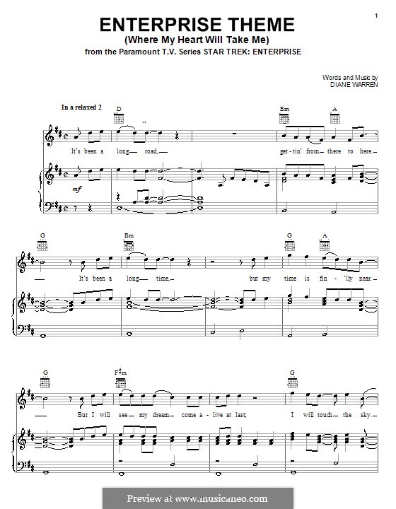 Enterprise Theme (Where My Heart Will Take Me): Para vocais e piano (ou Guitarra) by Diane Warren