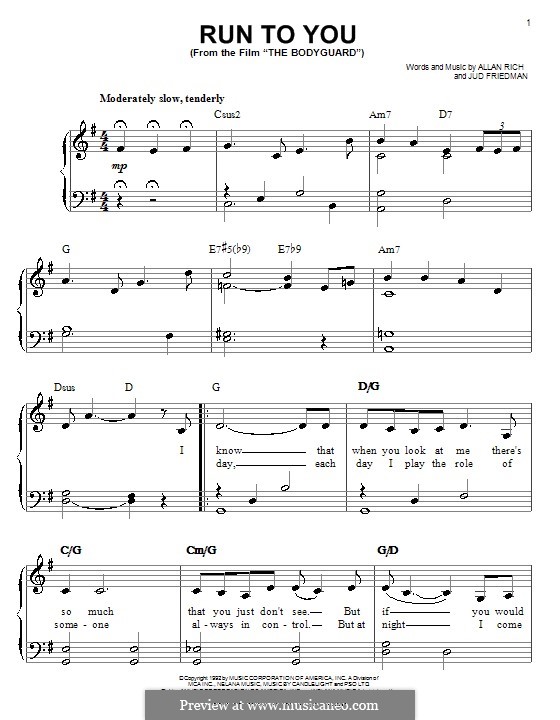 Run to You (Whitney Houston): Para vocais e piano (ou Guitarra) by Allan Rich, Jud Friedman