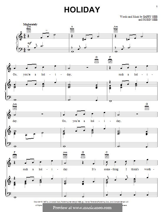 Holiday (The Bee Gees): Para vocais e piano (ou Guitarra) by Barry Gibb, Robin Gibb