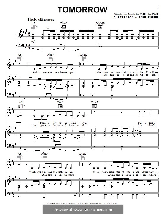 Tomorrow: Para vocais e piano (ou Guitarra) by Avril Lavigne, Curt Frasca, Sabelle Breer