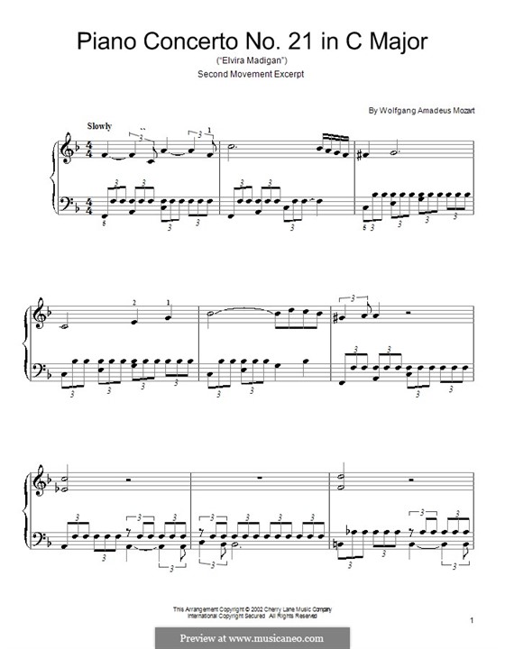 Concerto for Piano and Orchestra No.21 in C Major, K.467: Movement II (Fragment). Version for easy piano by Wolfgang Amadeus Mozart