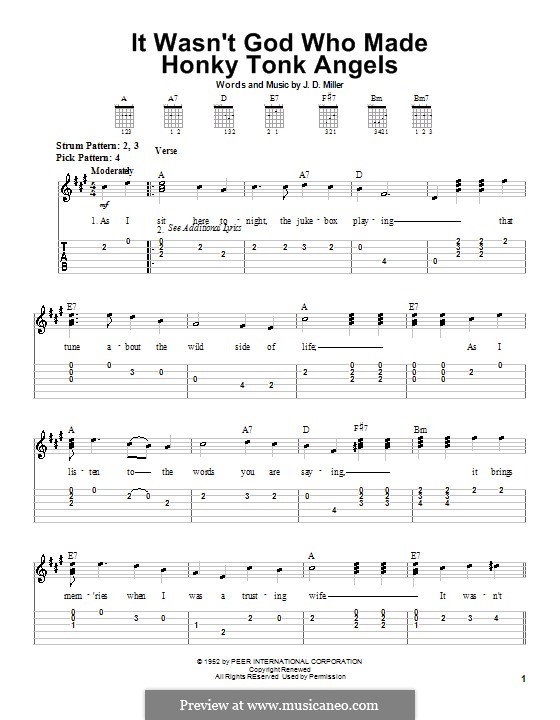 It Wasn't God Who Made Honky Tonk Angels (Patsy Cline): Para guitarra (versão facil) by J. D. Miller