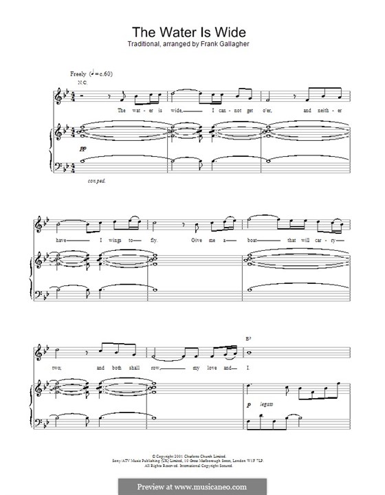 The Water is Wide (O Waly, Waly), Printable scores: For voice and piano or guitar (Charlotte Church) by folklore