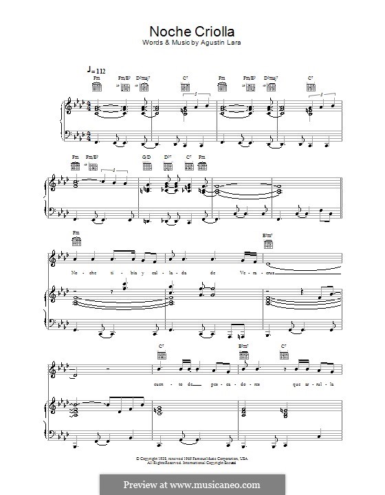 Noche Criolla (Placido Domingo): Para vocais e piano (ou Guitarra) by Agustin Lara