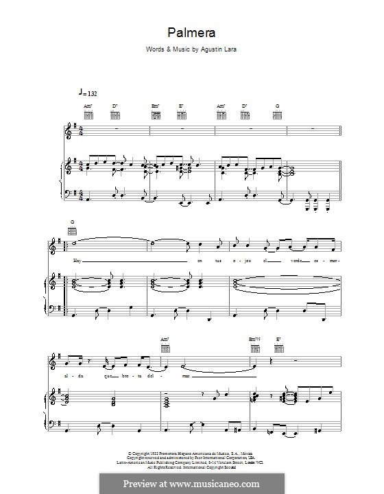 Palmera (Placido Domingo): Para vocais e piano (ou Guitarra) by Agustin Lara