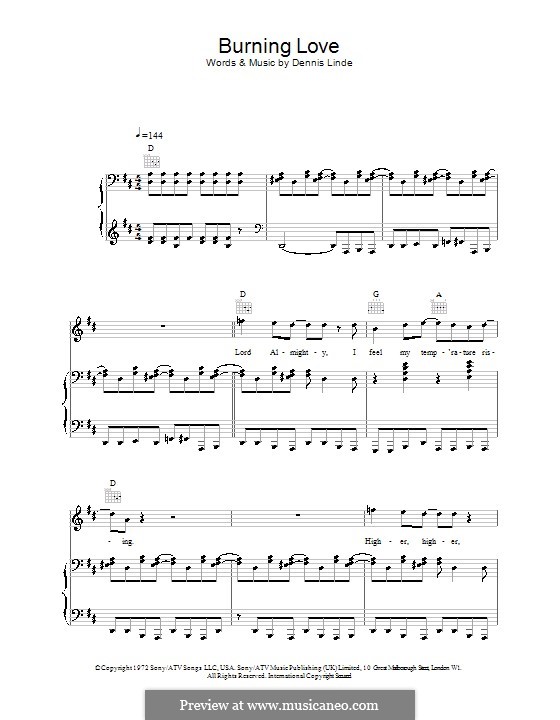 Burning Love (Elvis Presley): para voz e piano ou guitarra (D maior) by Dennis Linde