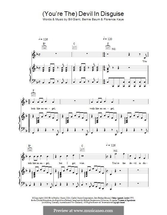(You're The) Devil in Disguise (Elvis Presley): Para vocais e piano (ou Guitarra) by Bernie Baum, Bill Giant, Florence Kaye