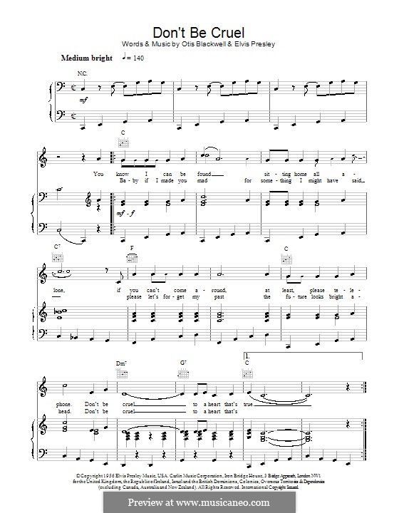 Don't Be Cruel: Para vocais e piano (ou Guitarra) by Elvis Presley, Otis Blackwell