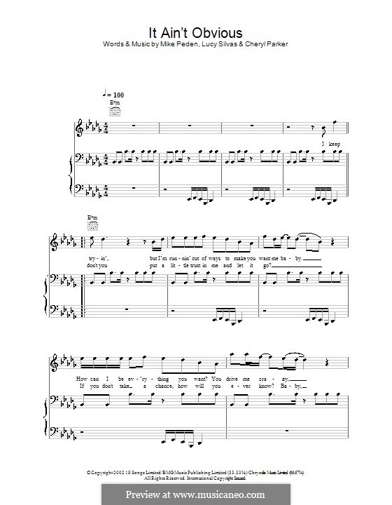It ain't Obvious: Para vocais e piano (ou Guitarra) by Cheryl Parker, Lucie Silvas, Mike Peden