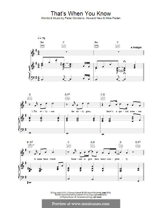 That's When You Know (Gareth Gates): Para vocais e piano (ou Guitarra) by Howard New, Mike Peden, Peter Gordeno