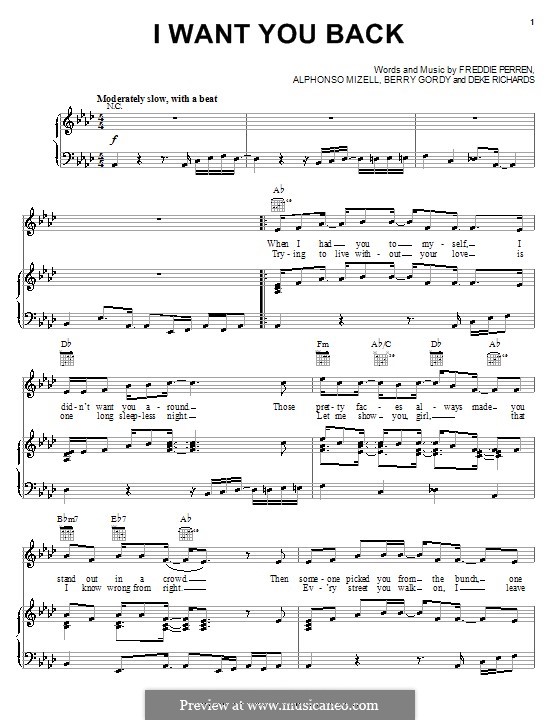 I Want You Back (The Jackson 5): Para vocais e piano (ou Guitarra) by Alphonso Mizell, Berry Gordy, Deke Richards, Freddie Perren