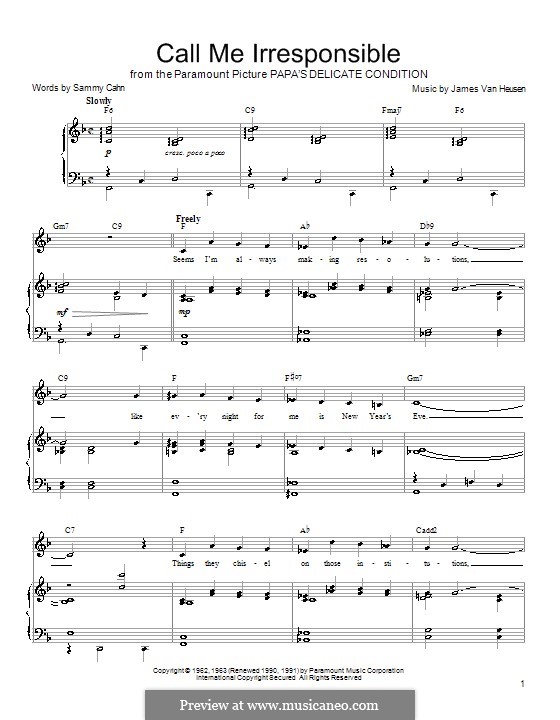 Call Me Irresponsible (Frank Sinatra): Para vocais e piano (ou Guitarra) by Jimmy Van Heusen
