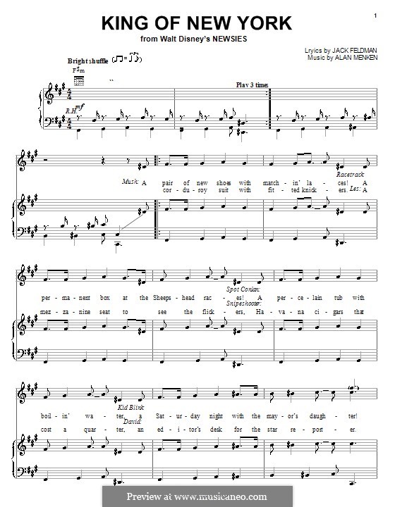 King of New York (from Newsies): Para vocais e piano (ou Guitarra) by Alan Menken