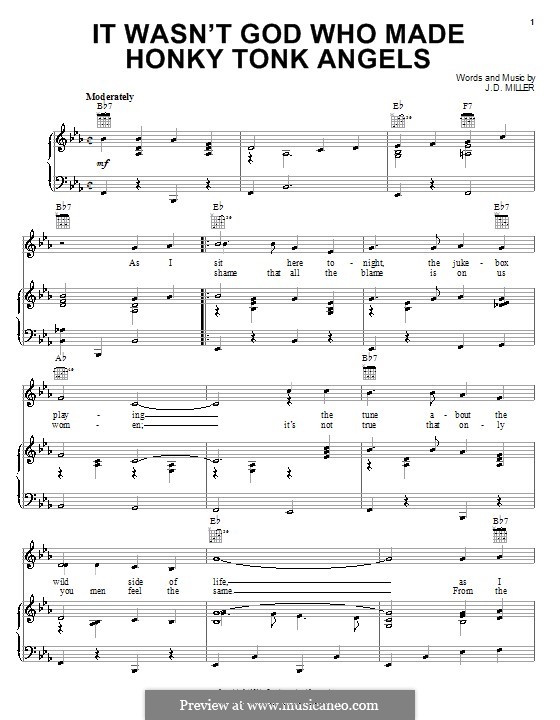 It Wasn't God Who Made Honky Tonk Angels (Patsy Cline): Para vocais e piano (ou Guitarra) by J. D. Miller