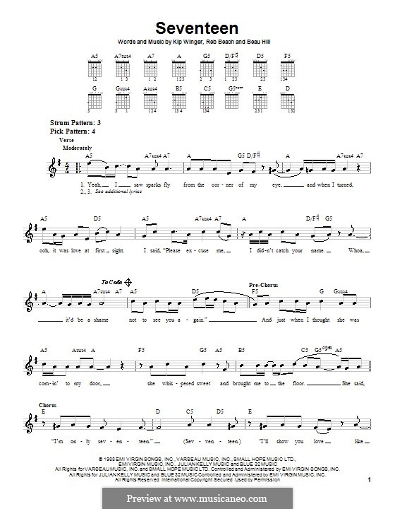 Seventeen (Winger): Para guitarra (versão facil) by Beau Hill, Kip Winger, Reb Beach