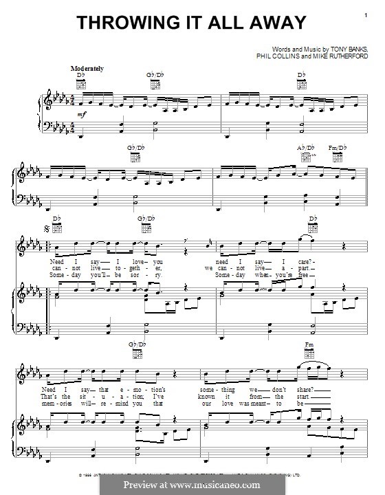 Throwing It All Away (Genesis): Para vocais e piano (ou Guitarra) by Tony Banks, Mike Rutherford, Phil Collins
