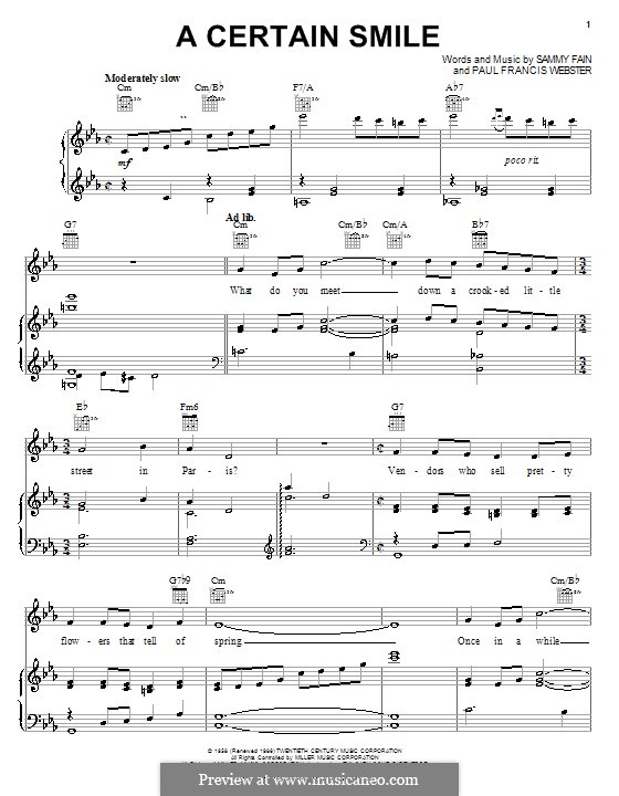 A Certain Smile (Johnny Mathis): Para vocais e piano (ou Guitarra) by Sammy Fain