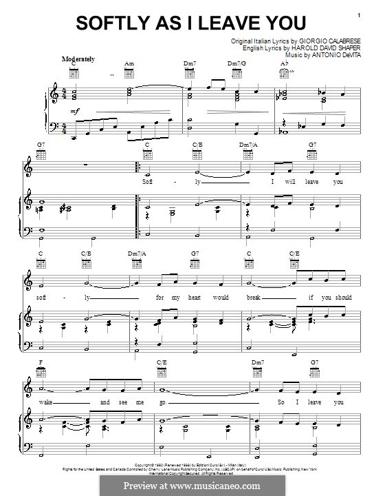 Softly as I Leave You (Elvis Presley): Para vocais e piano (ou Guitarra) by Antonio De Vita, Giorgio Calabrese, Hal Shaper