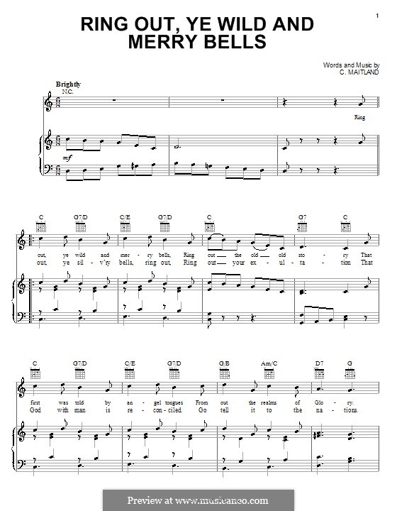 Ring Out, Ye Wild and Merry Bells: Para vocais e piano (ou Guitarra) by C. Maitland