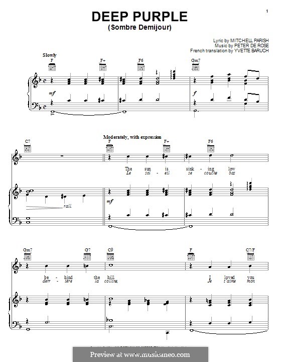 Deep Purple: Para vocais e piano (ou Guitarra) by Peter de Rose