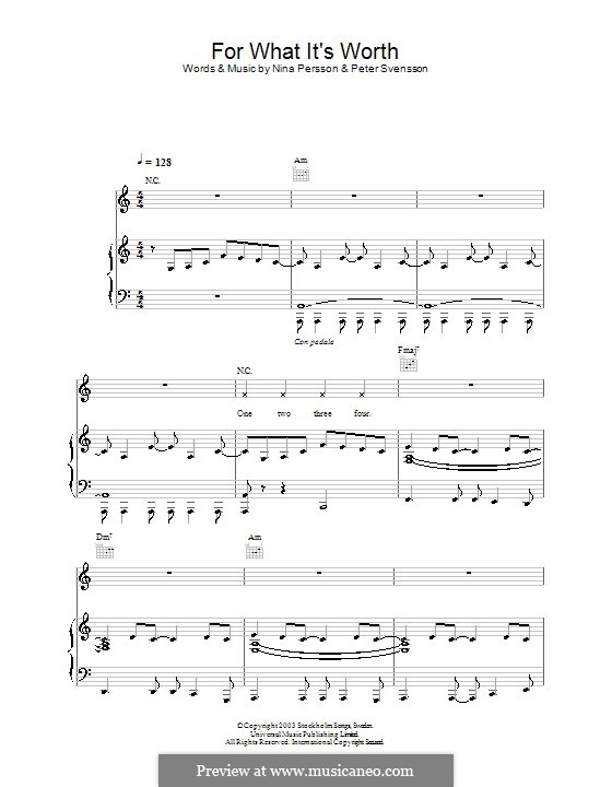 For What It's Worth (The Cardigans): Para vocais e piano (ou Guitarra) by Nina Persson, Peter Svensson