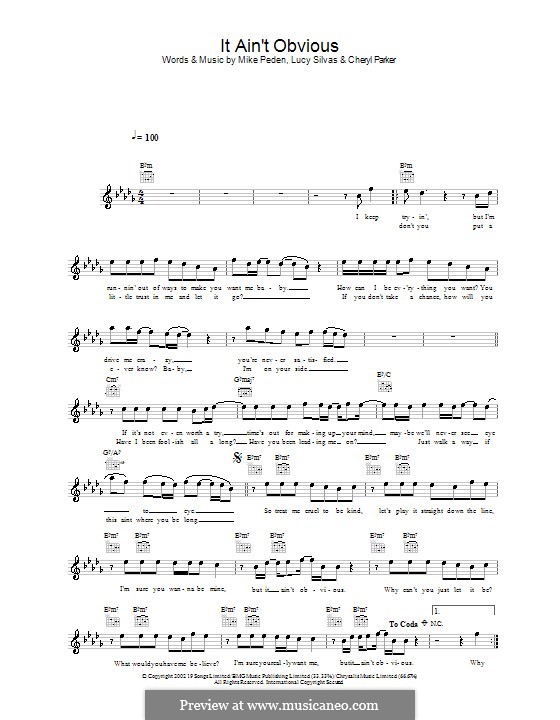 It ain't Obvious: melodía,letras e acordes by Cheryl Parker, Lucie Silvas, Mike Peden
