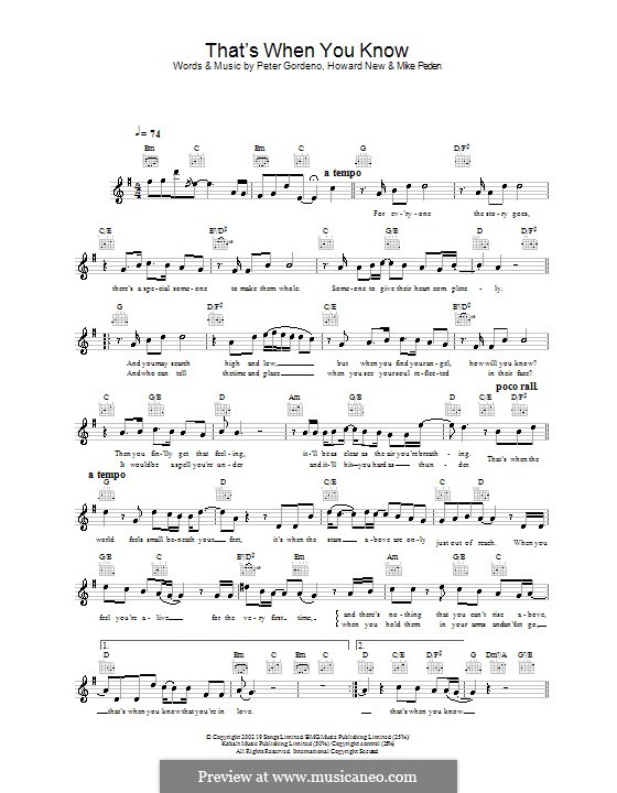 That's When You Know (Gareth Gates): melodía,letras e acordes by Howard New, Mike Peden, Peter Gordeno
