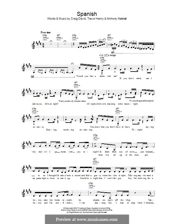Spanish (Craig David): melodía,letras e acordes by Anthony Marshall, Trevor Henry