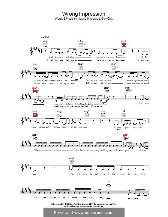 Wrong Impression: melodía,letras e acordes by Gary Clark, Natalie Imbruglia