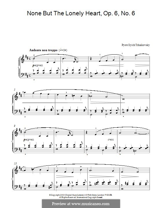 Six Romances, TH 93 Op.6: No.6 None but the Lonely Know, for piano by Pyotr Tchaikovsky
