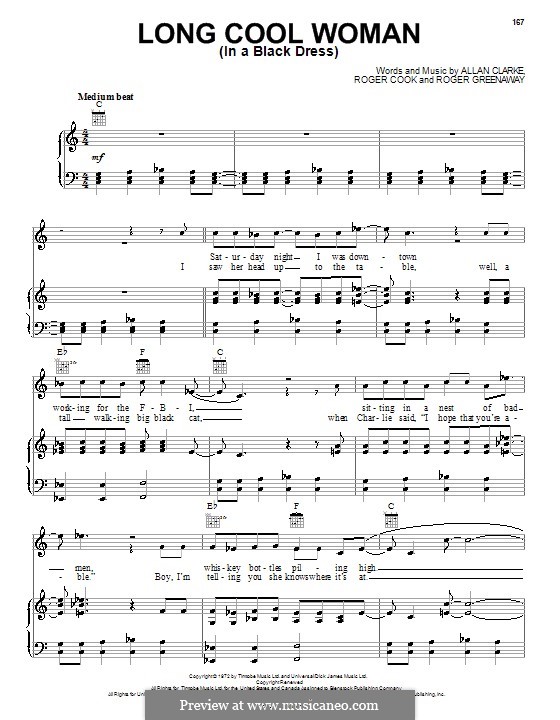 Long Cool Woman (In a Black Dress): For voice and piano or guitar (The Hollies) by Allan Clarke, Roger Cook, Roger Greenaway