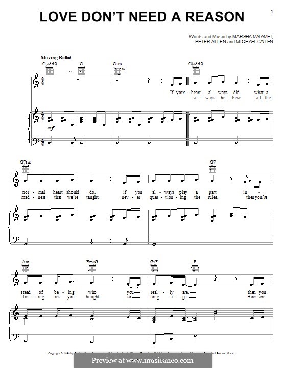Love Don't Need a Reason (Marsha Malamet): Para vocais e piano (ou Guitarra) by Michael Callen, Peter Allen