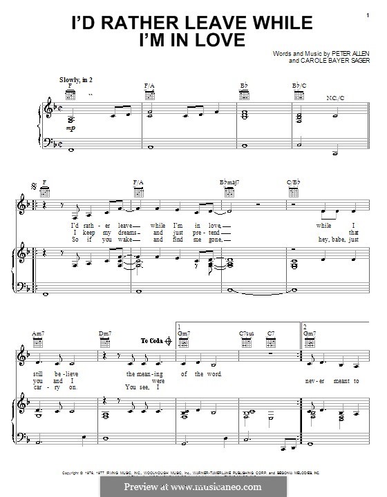 I'd Rather Leave While I'm in Love: Para vocais e piano (ou Guitarra) by Carole Bayer Sager