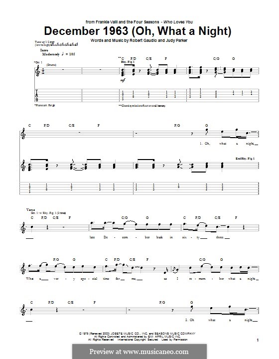 December 1963 (Oh, What a Night): For guitar with tab (Frankie Valli & The Four Seasons) by Bob Gaudio, Judy Parker