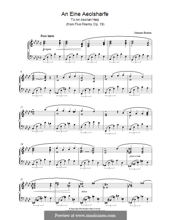 Five Poems, Op.19: No.5 An eine Äolsharfe (To an Aeolian Harp), for piano by Johannes Brahms