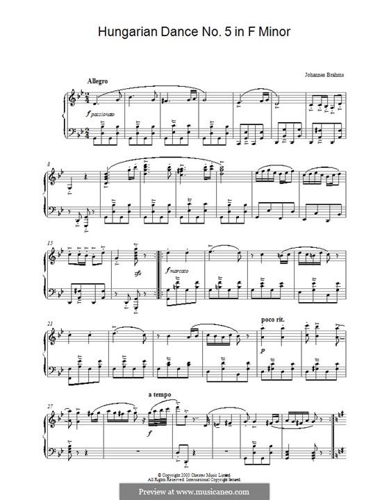 Dance No.5 in F Sharp Minor (Printable scores): Para Piano by Johannes Brahms