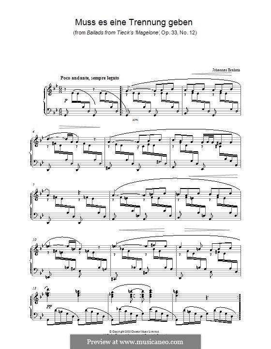Fifteen Romances, Op.33: No.12 Must there Be a Parting, for piano by Johannes Brahms