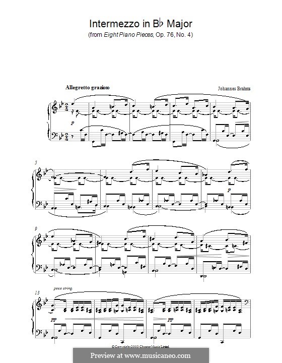 Eight Pieces, Op.76: No.4 Intermezzo in B Flat Major by Johannes Brahms