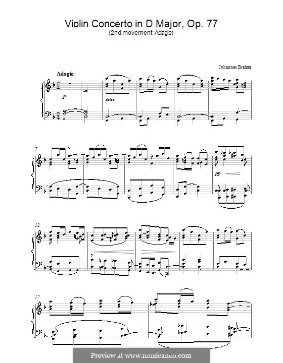 Concerto for Violin and Orchestra in D Major, Op.77: movimento II, versão para piano by Johannes Brahms