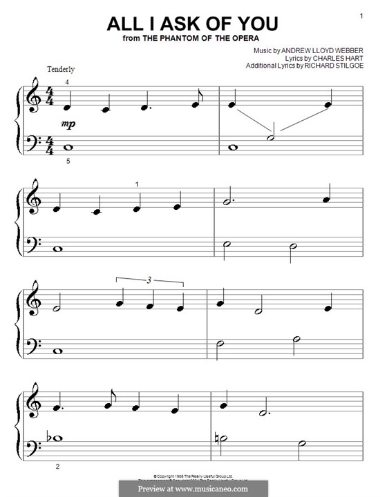 All I Ask of You, for piano: Very easy notes by Andrew Lloyd Webber