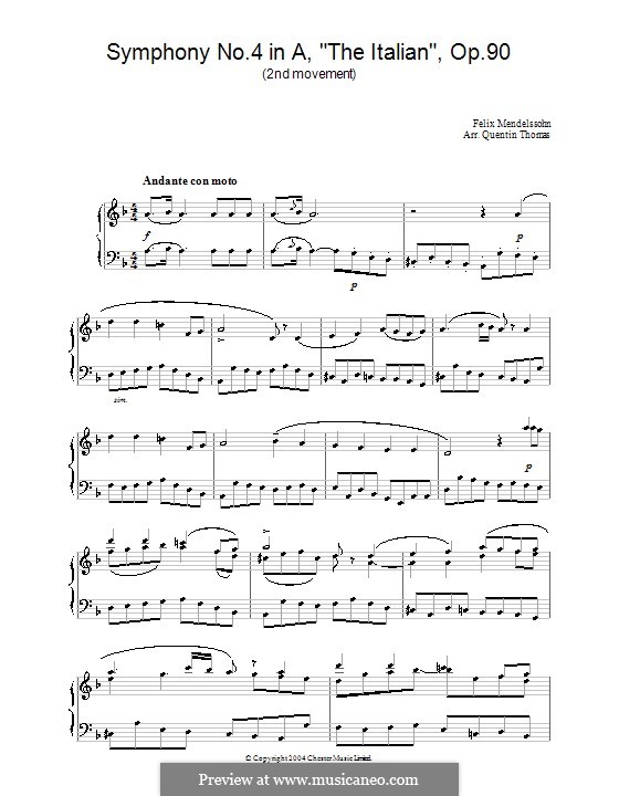 Symphony No.4 in A Major 'Italian', Op.90: Movement II (Fragment), for piano by Felix Mendelssohn-Bartholdy