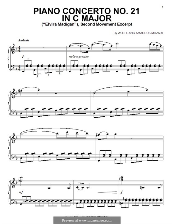 Concerto for Piano and Orchestra No.21 in C Major, K.467: Movement II (Fragment). Version for piano by Wolfgang Amadeus Mozart