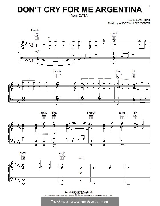 Don't Cry for Me Argentina: Para vocais e piano (ou Guitarra) by Andrew Lloyd Webber