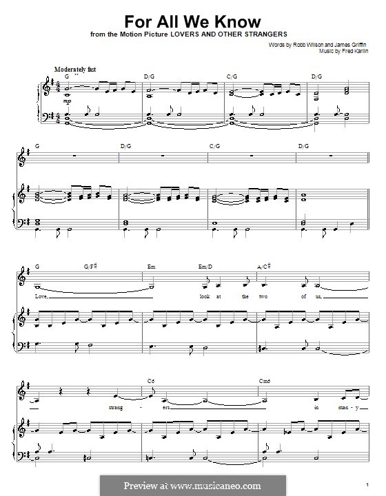 For All We Know (Carpenters): Para vocais e piano (ou Guitarra) by Fred Karlin, Jimmy Griffin, Robert Wilson