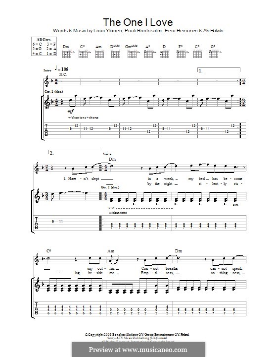The One I Love (The Rasmus): Гитарная табулатура by Eero Heinonen, Lauri Ylönen, Pauli Rantasalmi